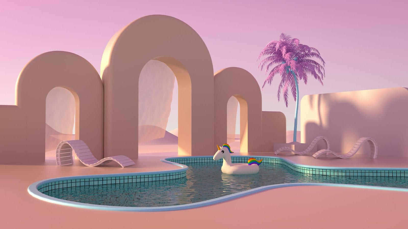 swimming pool with green palm trees